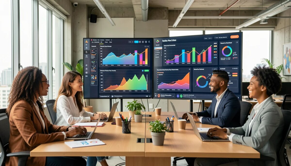 Equipe de marketing de performance analisando resultados em escritório moderno