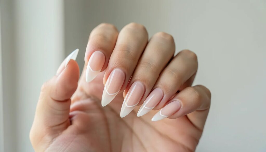 Unha stiletto com francesinha fina e delicada em macro